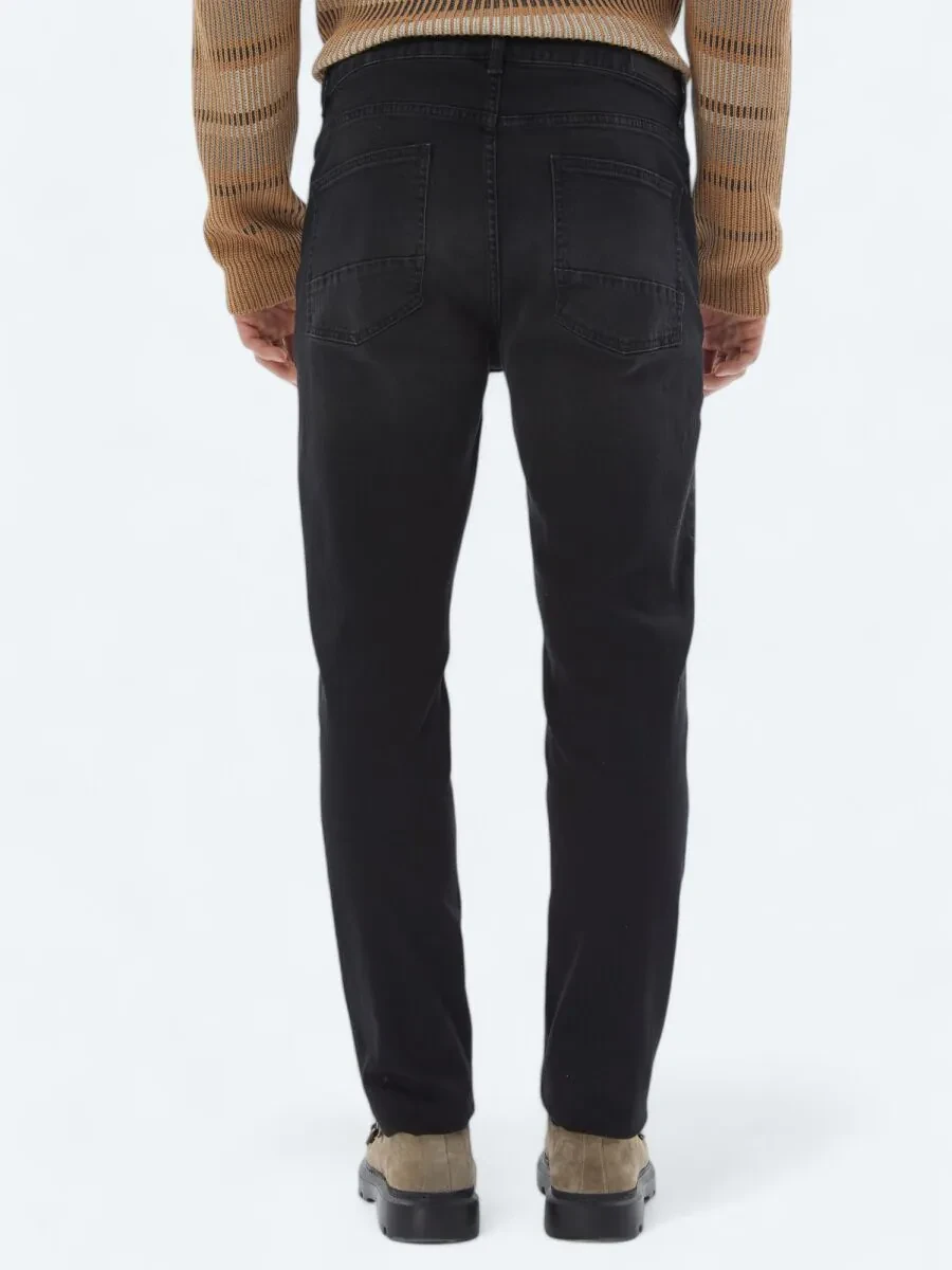 Black Slim Fit Denim Cotton Blended Trousers - 5
