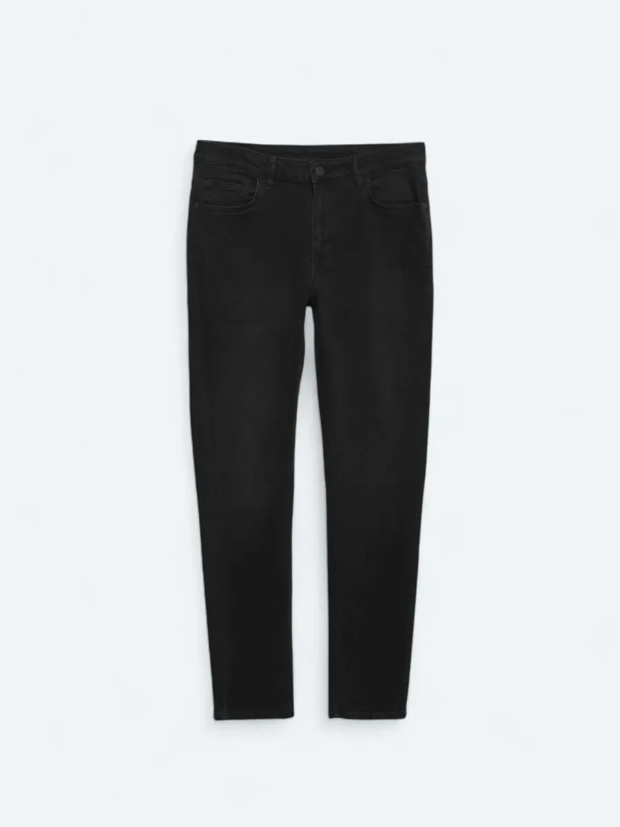 Black Slim Fit Denim Cotton Blended Trousers - 6