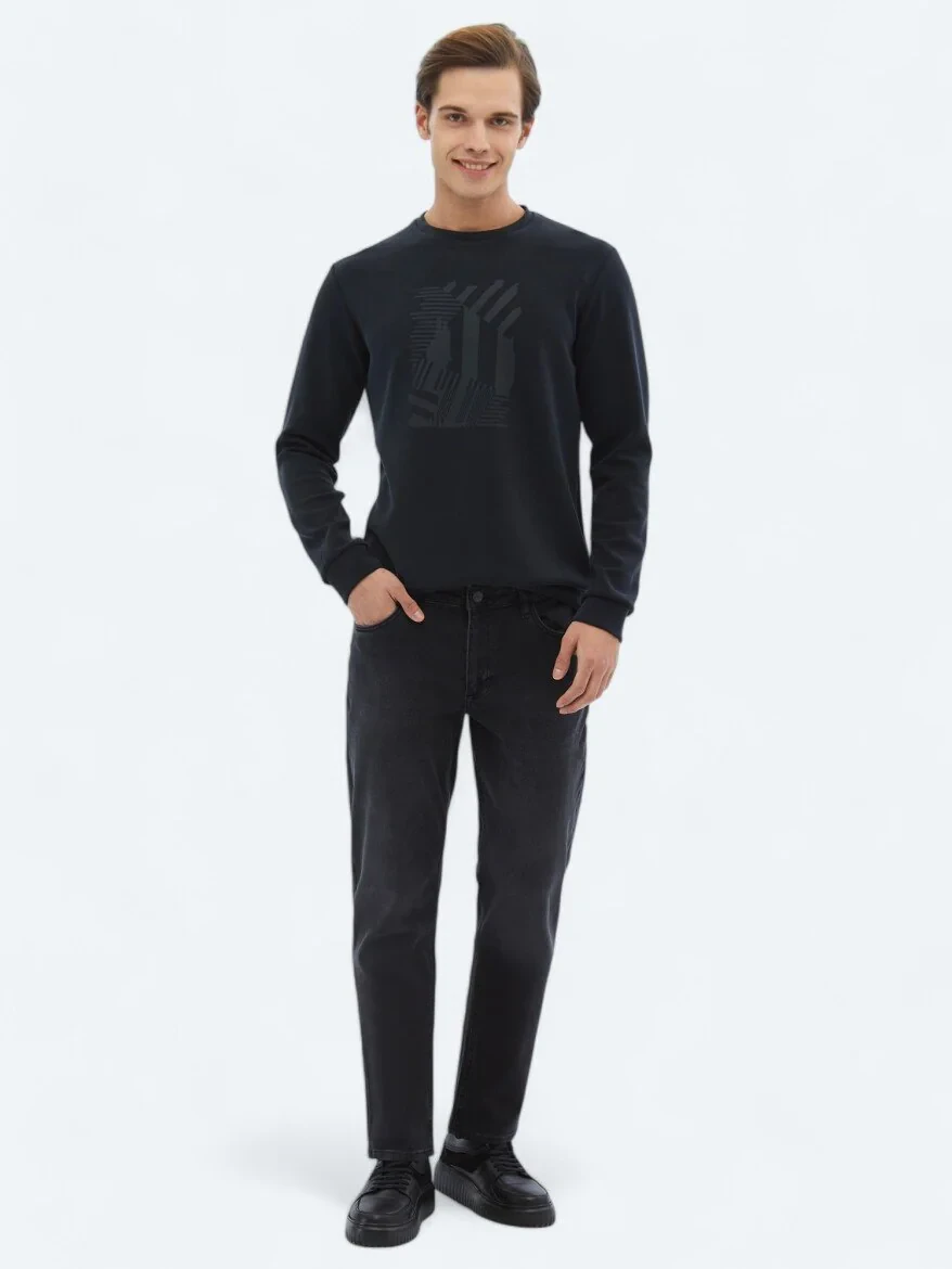 Black Slim Fit Denim Cotton Blended Trousers - 1