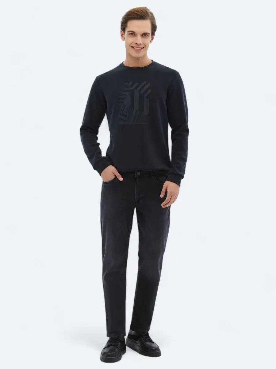 Black Slim Fit Denim Cotton Blended Trousers - 1
