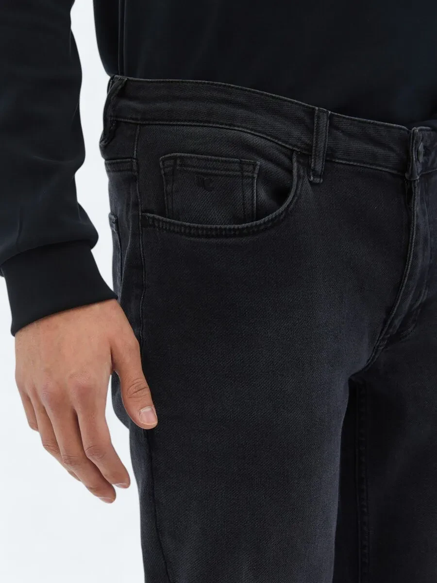 Black Slim Fit Denim Cotton Blended Trousers - 3