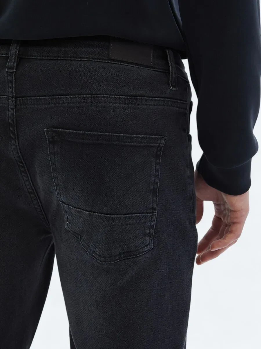 Black Slim Fit Denim Cotton Blended Trousers - 4