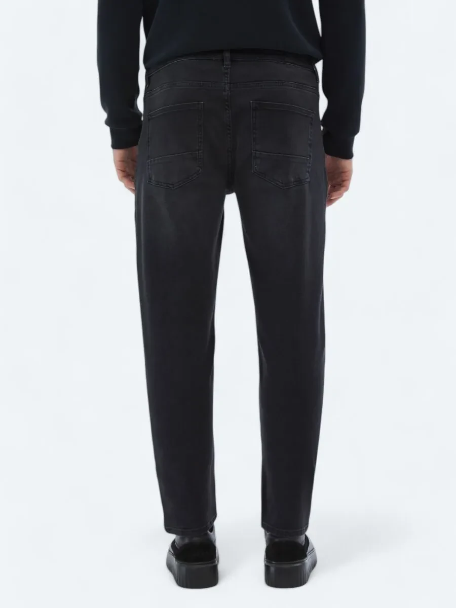 Black Slim Fit Denim Cotton Blended Trousers - 5