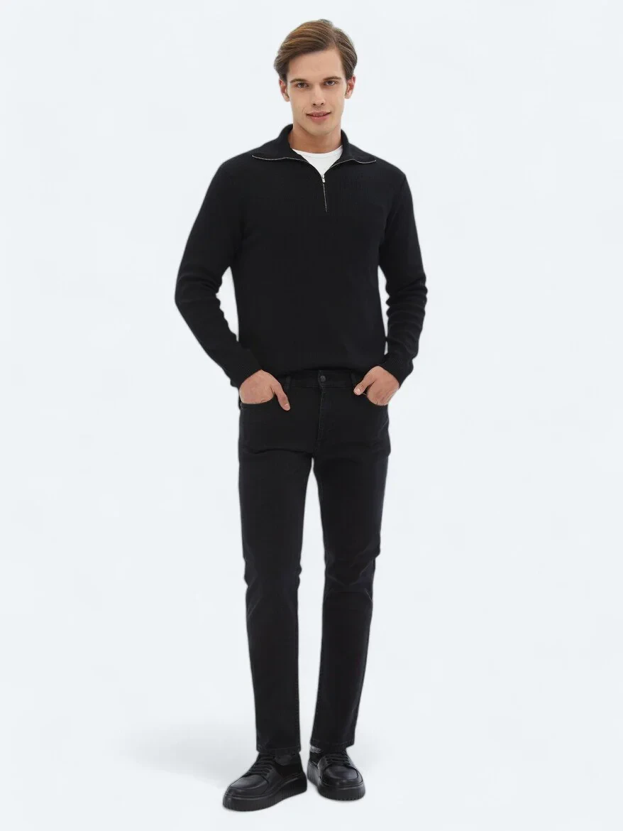 Black Slim Fit Denim Cotton Blended Trousers - 1