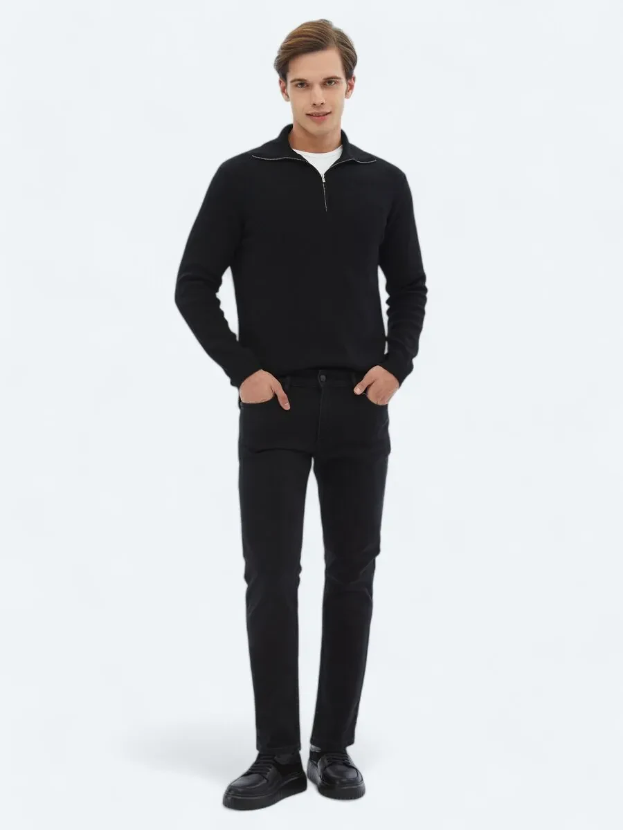 Black Slim Fit Denim Cotton Blended Trousers - 1