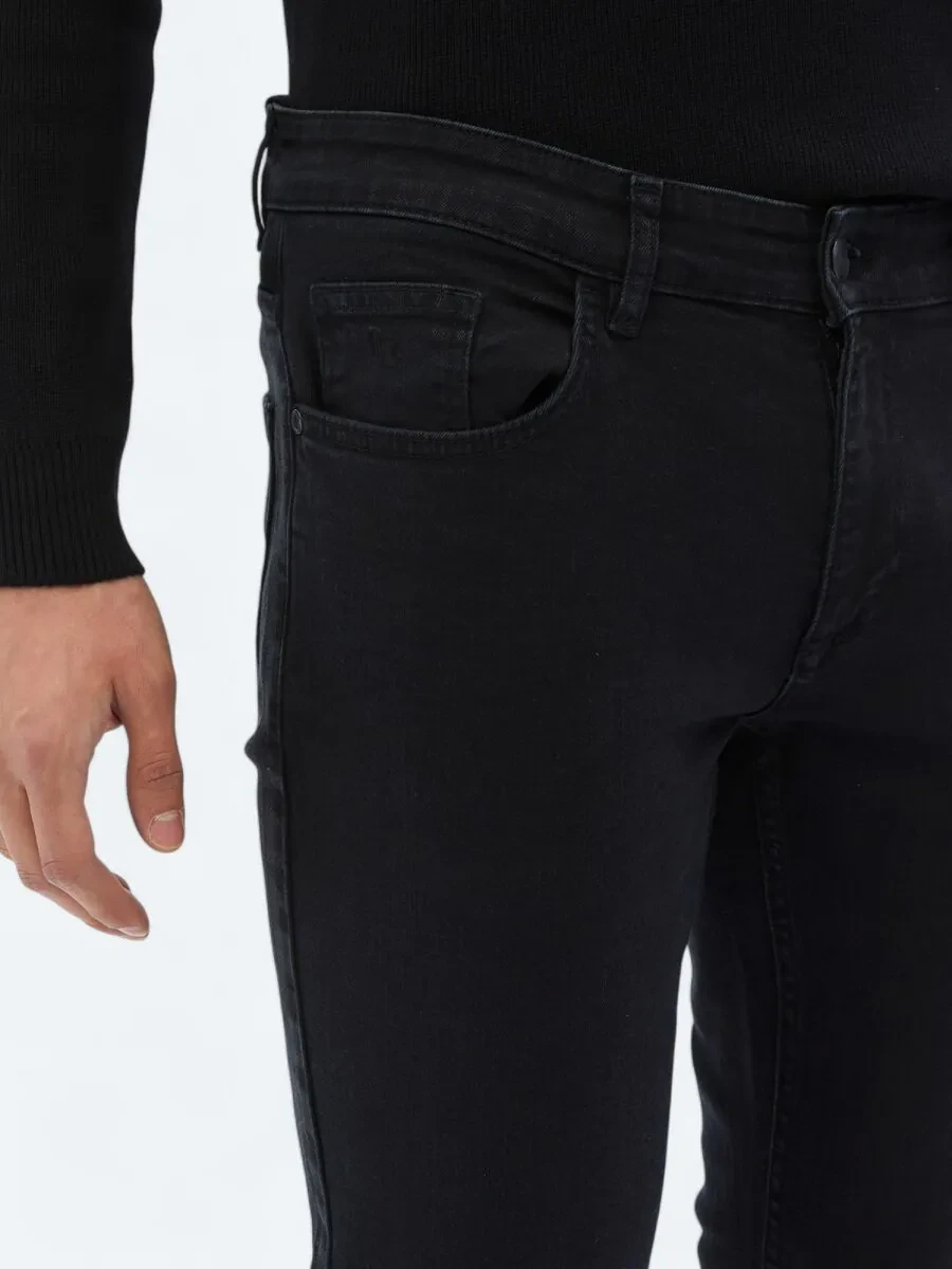 Black Slim Fit Denim Cotton Blended Trousers - 3
