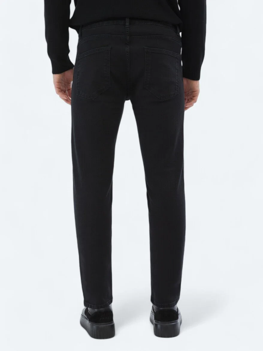Black Slim Fit Denim Cotton Blended Trousers - 4