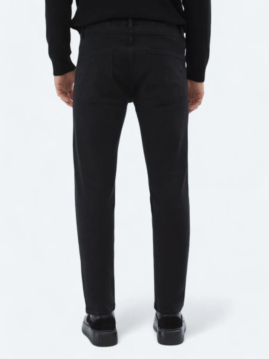 Black Slim Fit Denim Cotton Blended Trousers - 4