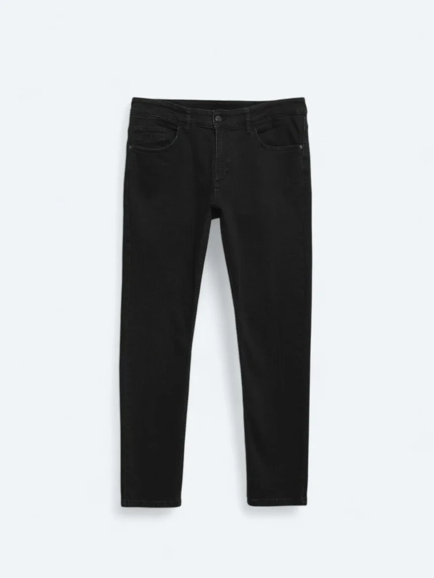 Black Slim Fit Denim Cotton Blended Trousers - 5