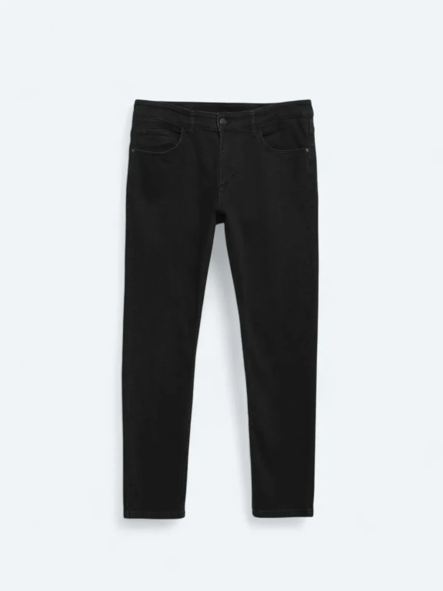 Black Slim Fit Denim Cotton Blended Trousers - 5