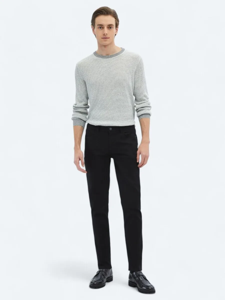 Black Slim Fit Denim Cotton Blended Trousers - 1