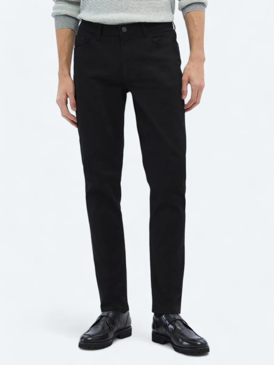 Black Slim Fit Denim Cotton Blended Trousers - 2
