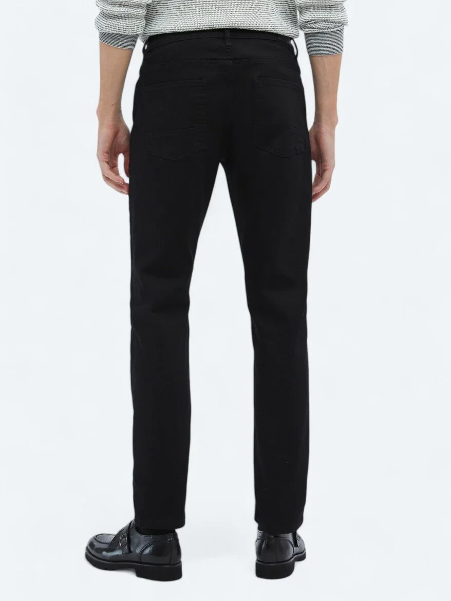 Black Slim Fit Denim Cotton Blended Trousers - 4