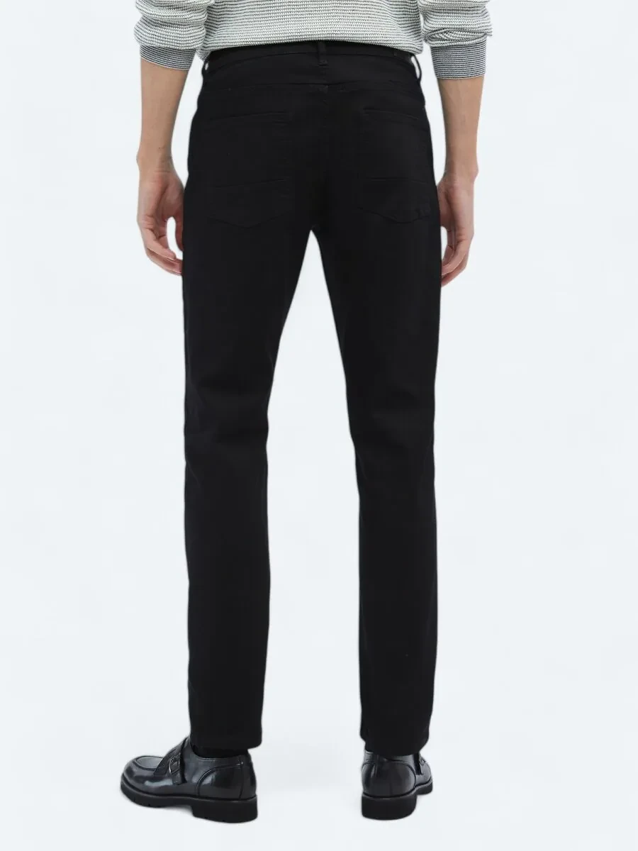 Black Slim Fit Denim Cotton Blended Trousers - 4