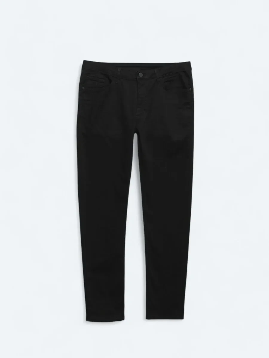 Black Slim Fit Denim Cotton Blended Trousers - 5