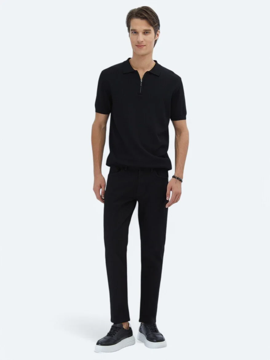 Black Slim Fit Denim Cotton Blended Trousers - 1