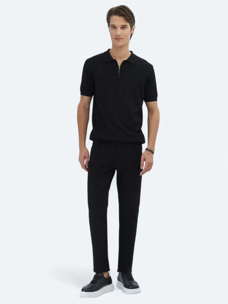 Black Slim Fit Denim Cotton Blended Trousers - 1