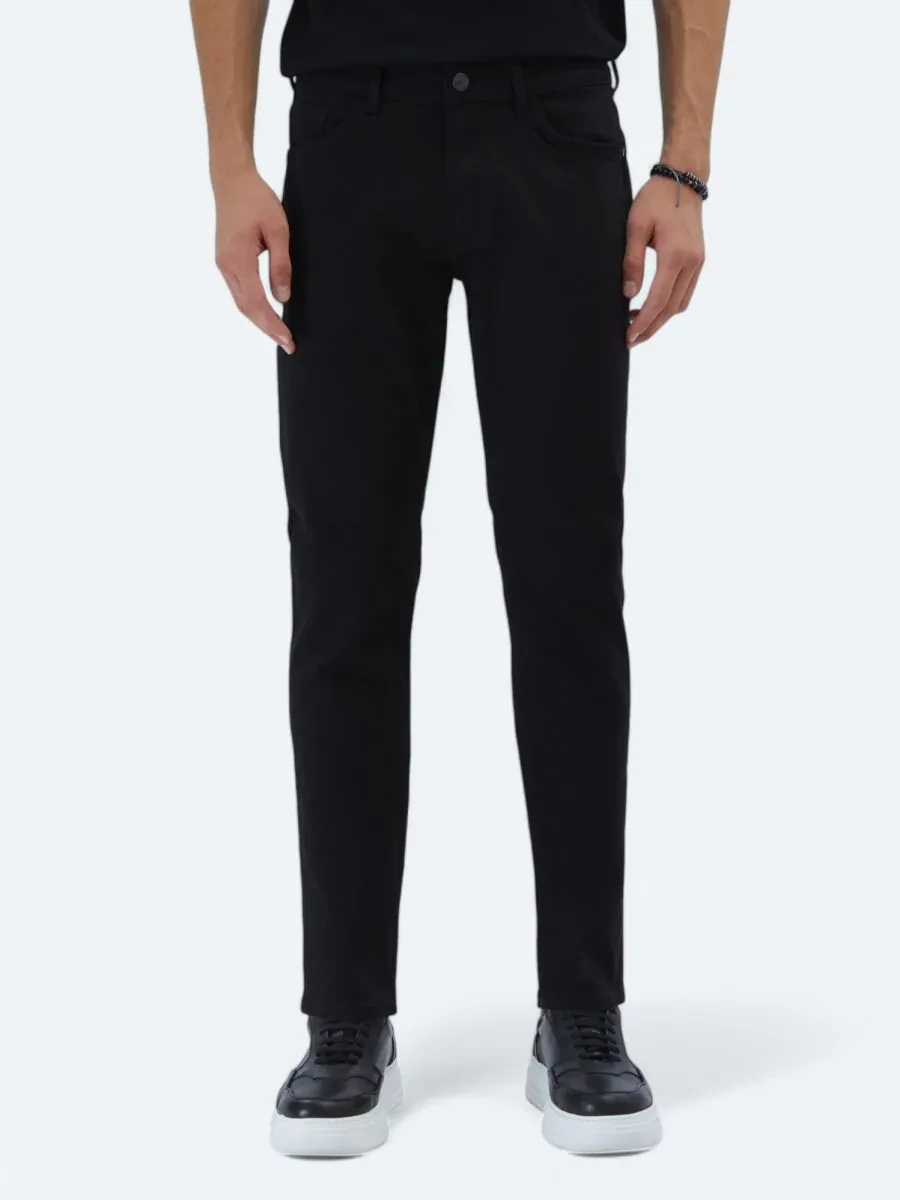 Black Slim Fit Denim Cotton Blended Trousers - 2
