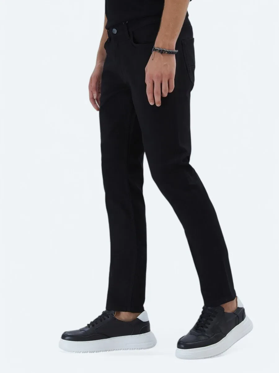 Black Slim Fit Denim Cotton Blended Trousers - 3