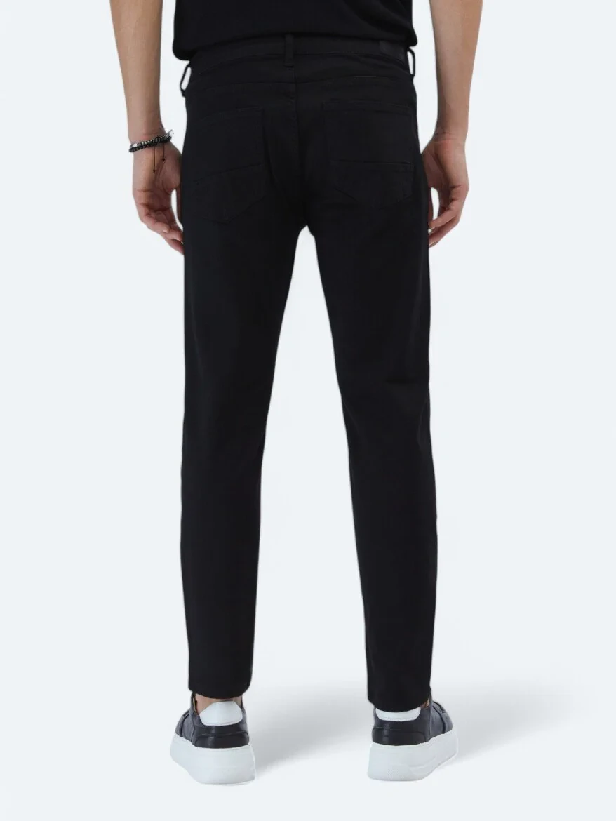 Black Slim Fit Denim Cotton Blended Trousers - 5
