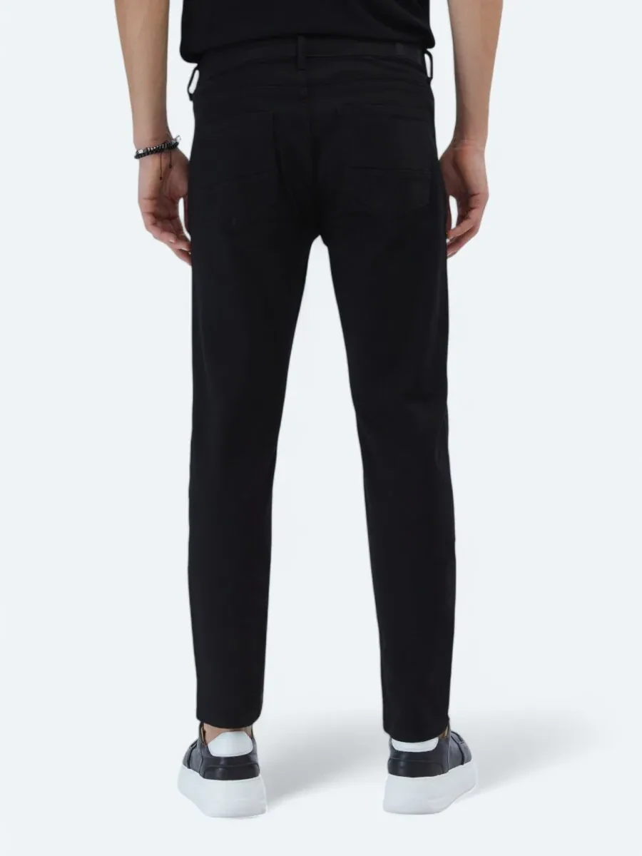 Black Slim Fit Denim Cotton Blended Trousers - 5