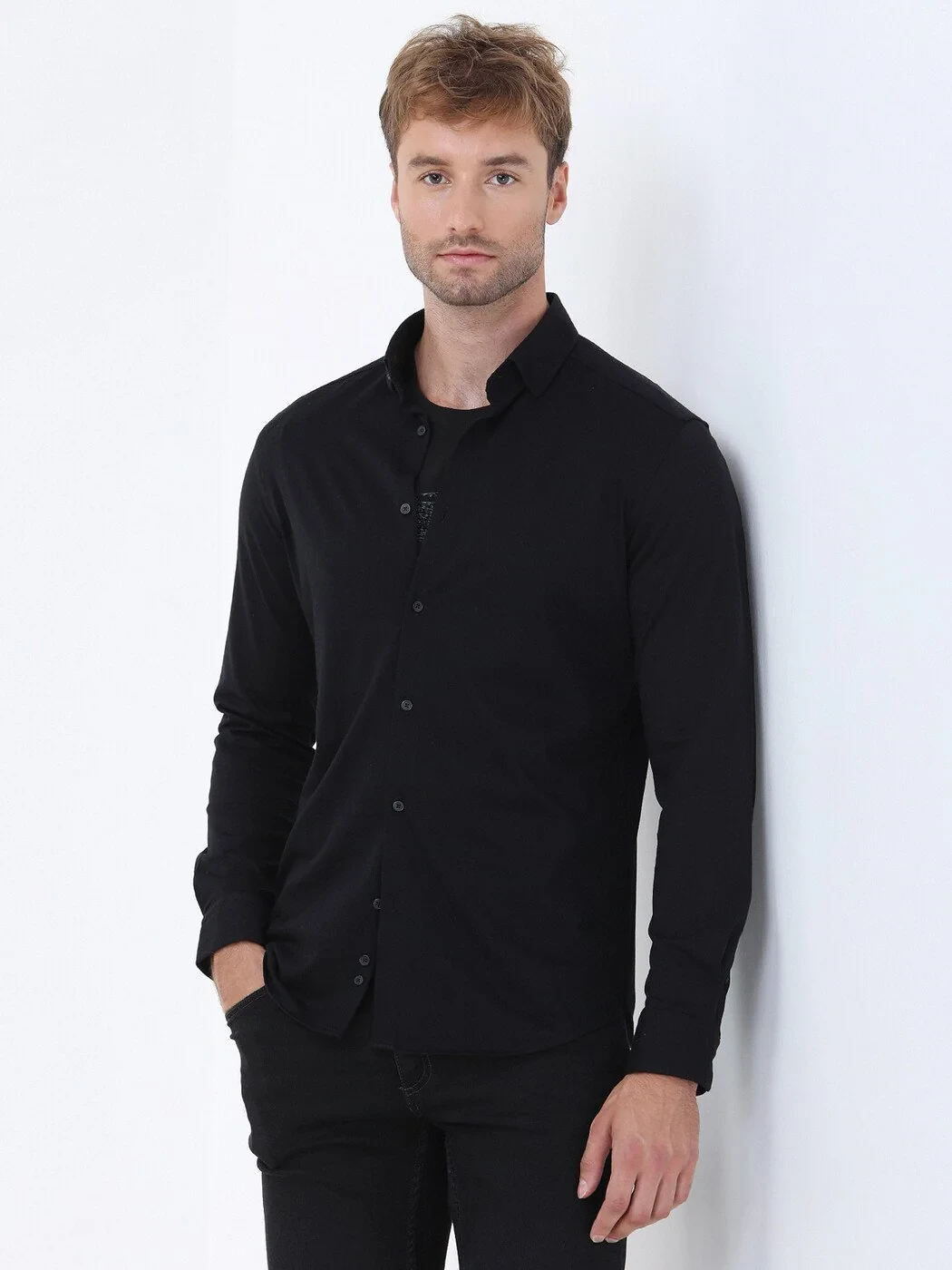 Black Slim Fit Knitting Casual 100% Cotton Shirt - 1