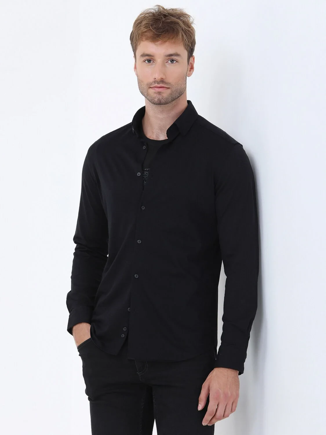 Black Slim Fit Knitting Casual 100% Cotton Shirt - 1
