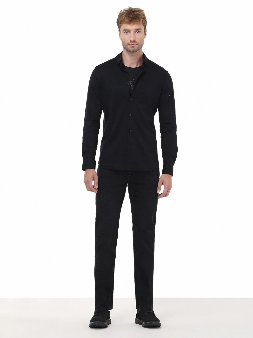 Black Slim Fit Knitting Casual 100% Cotton Shirt - 2