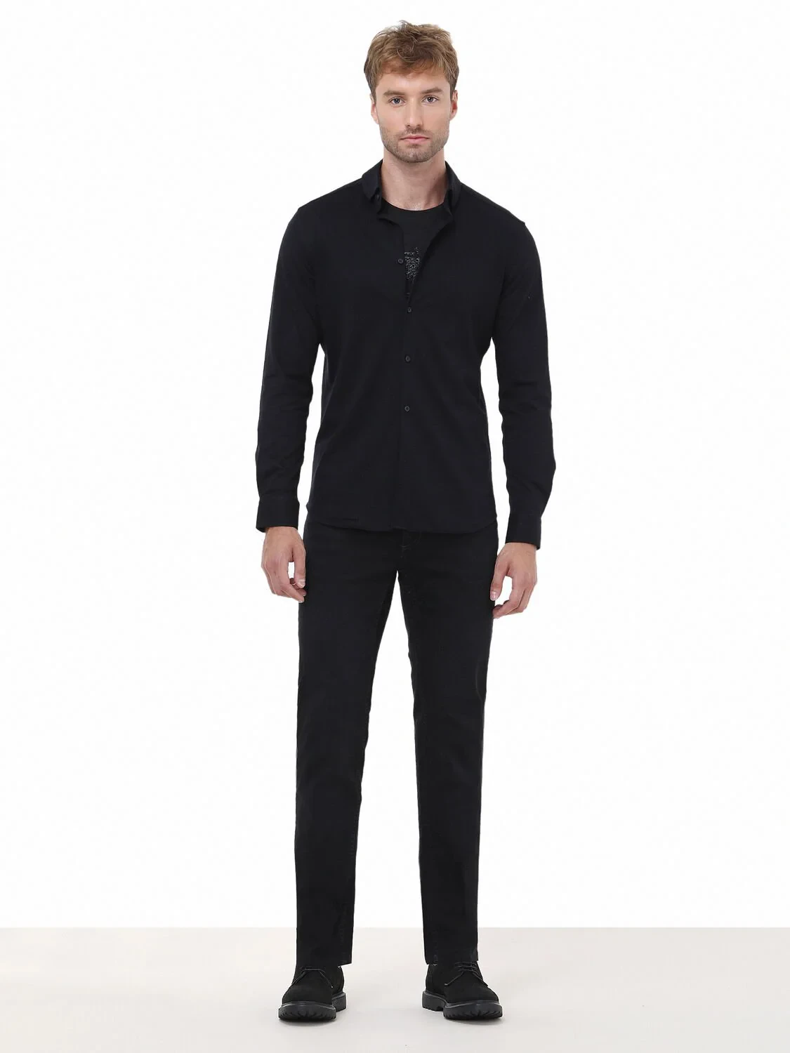Black Slim Fit Knitting Casual 100% Cotton Shirt - 2