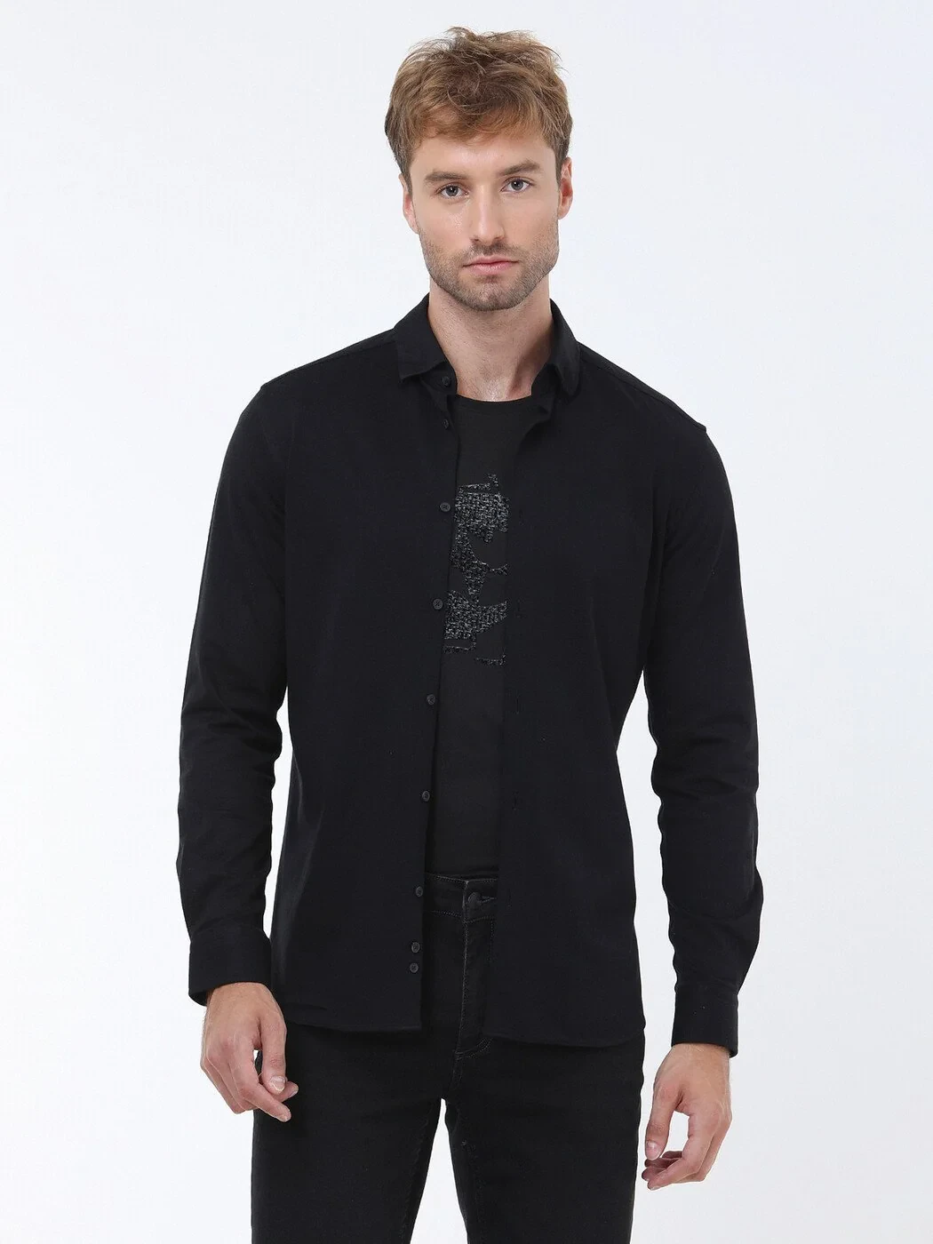 Black Slim Fit Knitting Casual 100% Cotton Shirt - 3