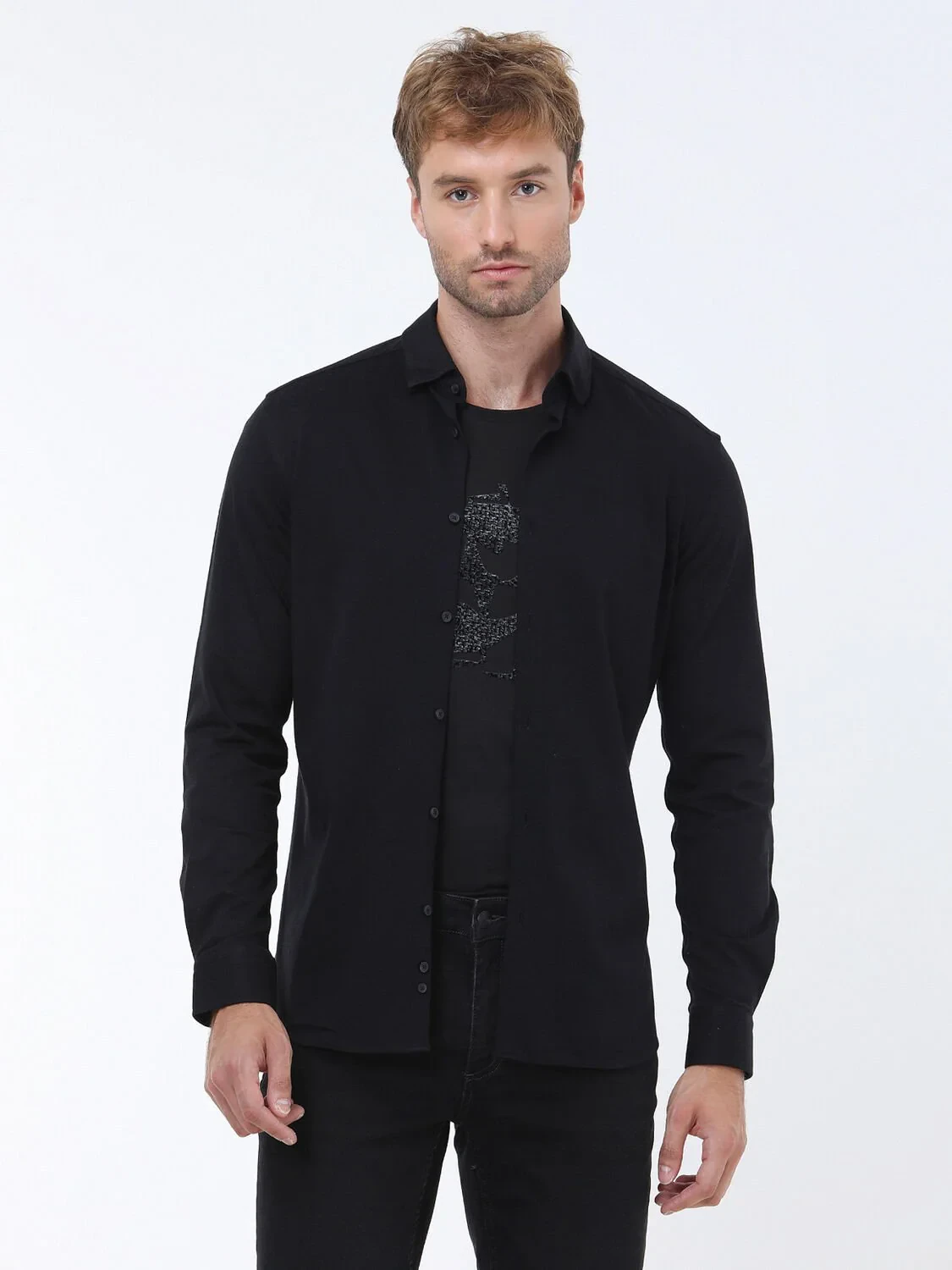 Black Slim Fit Knitting Casual 100% Cotton Shirt - 3