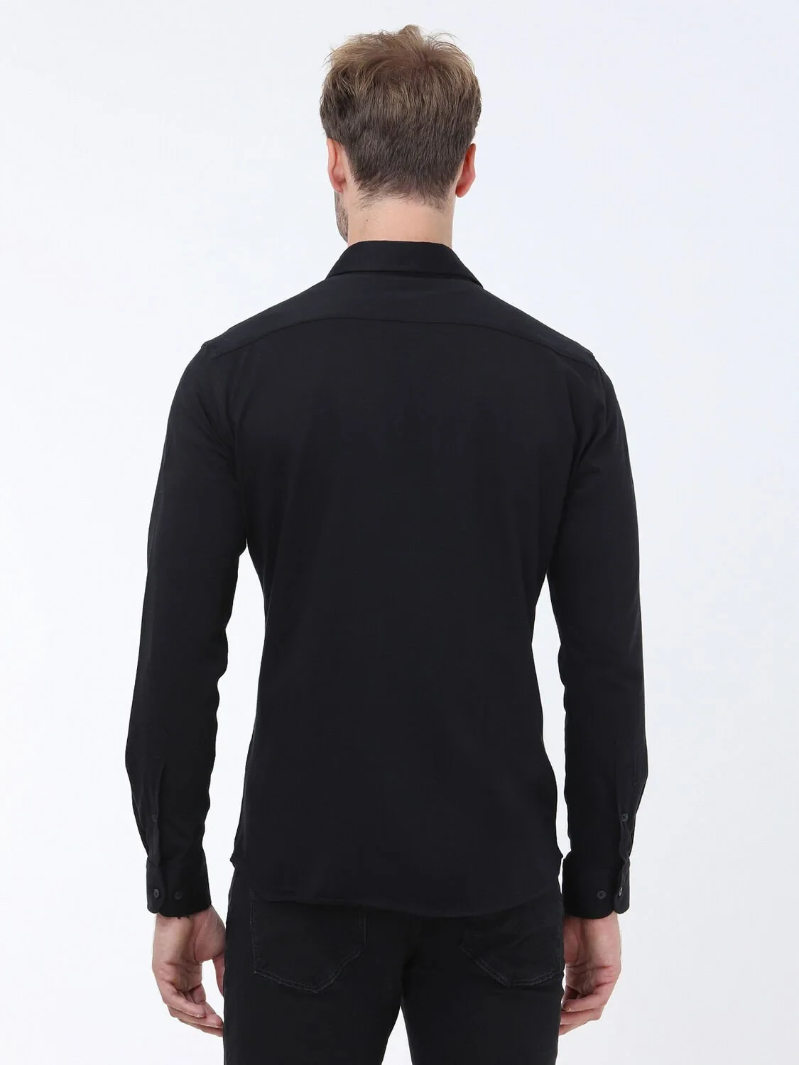 Black Slim Fit Knitting Casual 100% Cotton Shirt - 5