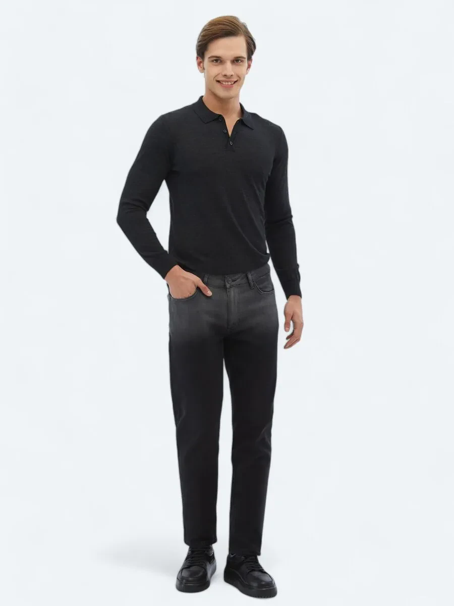 Black Slim Fit Recycled Denim Cotton Blended Trousers - 1
