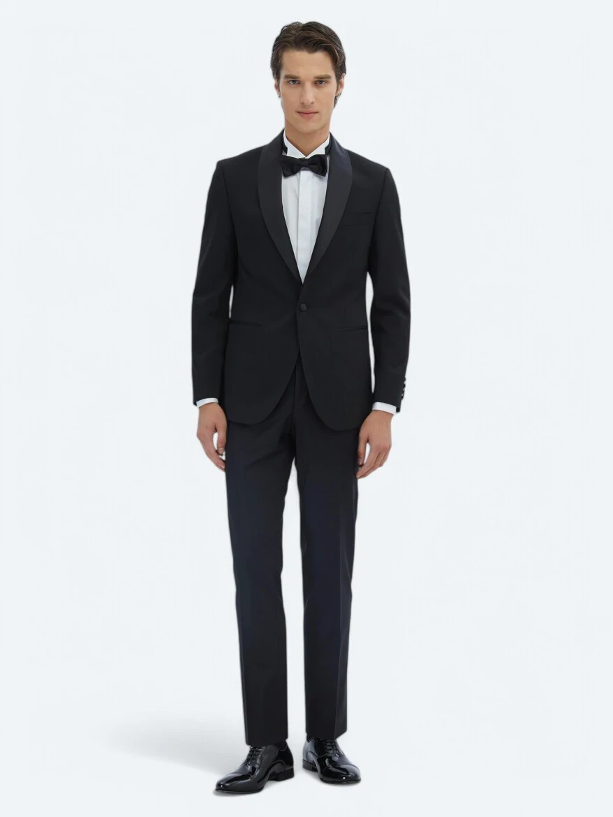 Black Slim Fit Removable Shawl Collar Weaving Tuxedo - 2