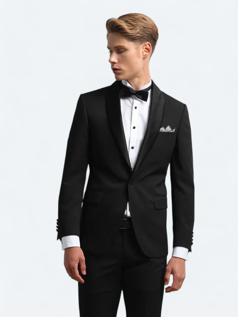Black Slim Fit Removable Shawl Collar Weaving Tuxedo - 1