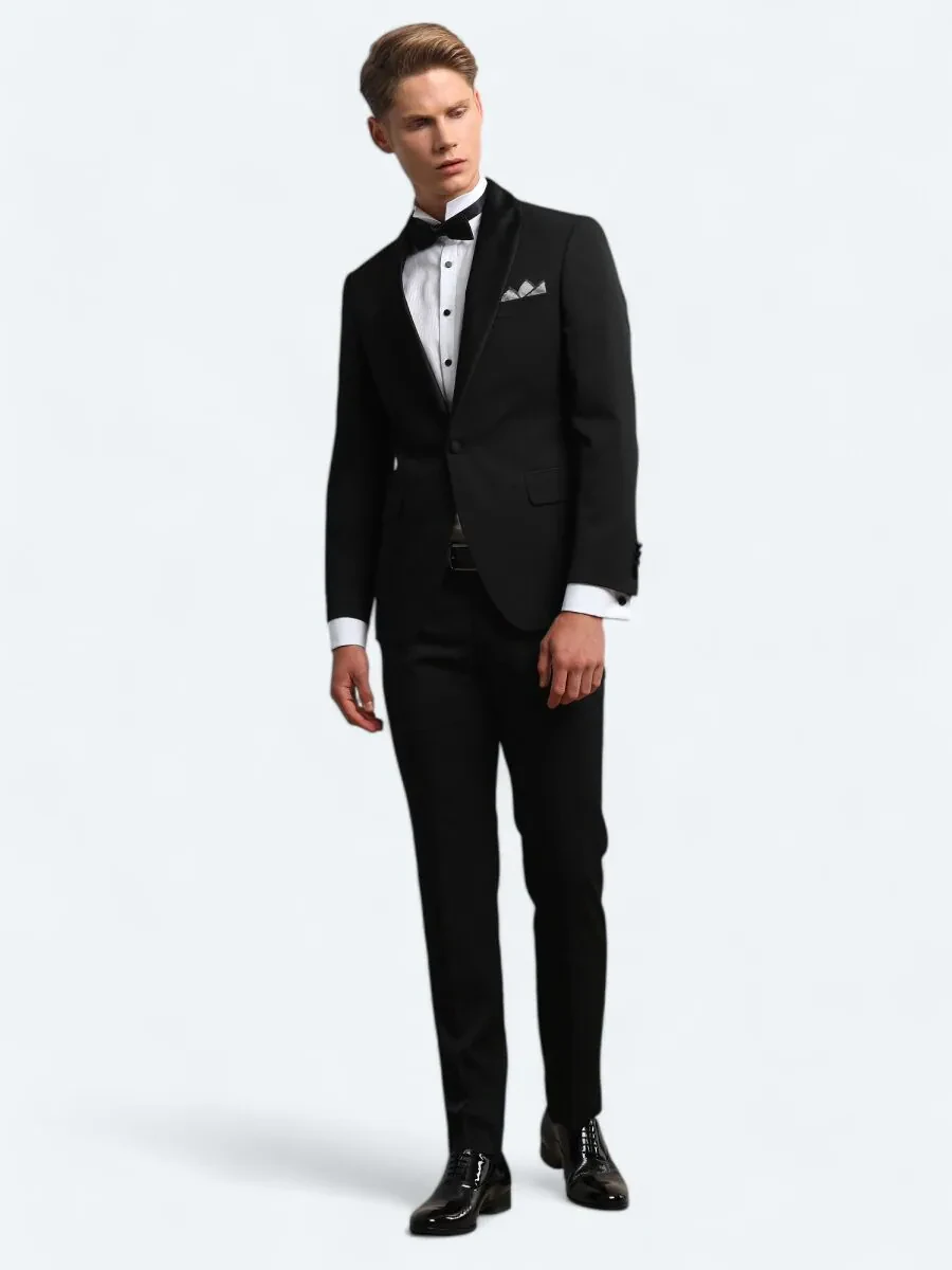Black Slim Fit Removable Shawl Collar Weaving Tuxedo - 2