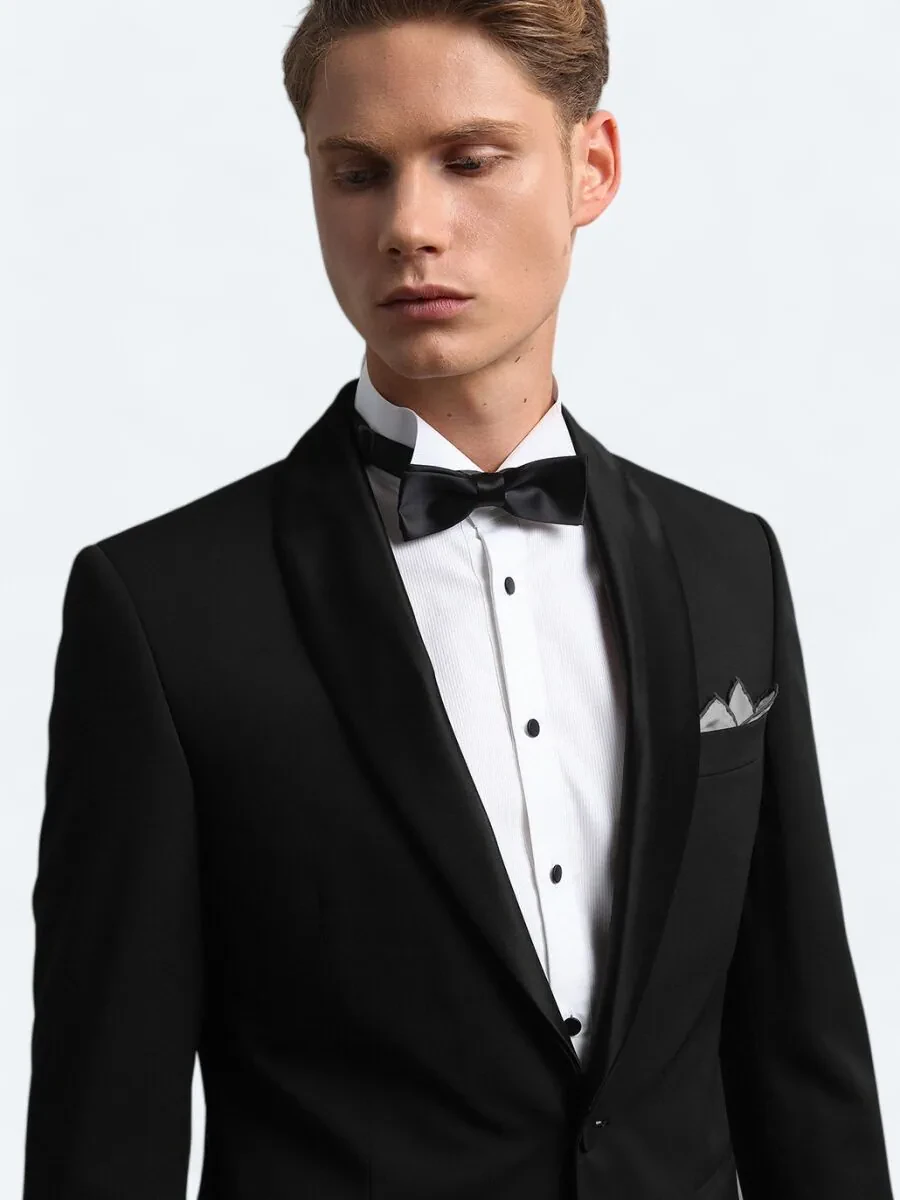 Black Slim Fit Removable Shawl Collar Weaving Tuxedo - 3