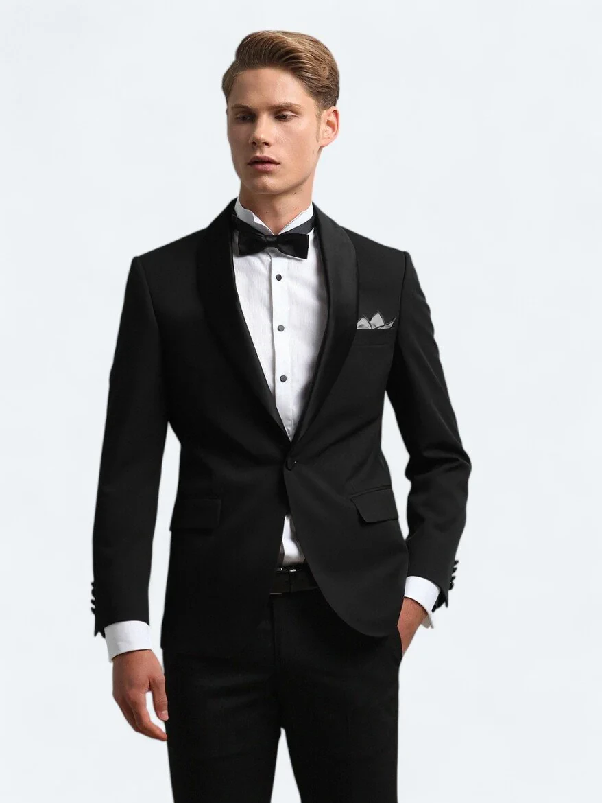 Black Slim Fit Removable Shawl Collar Weaving Tuxedo - 4