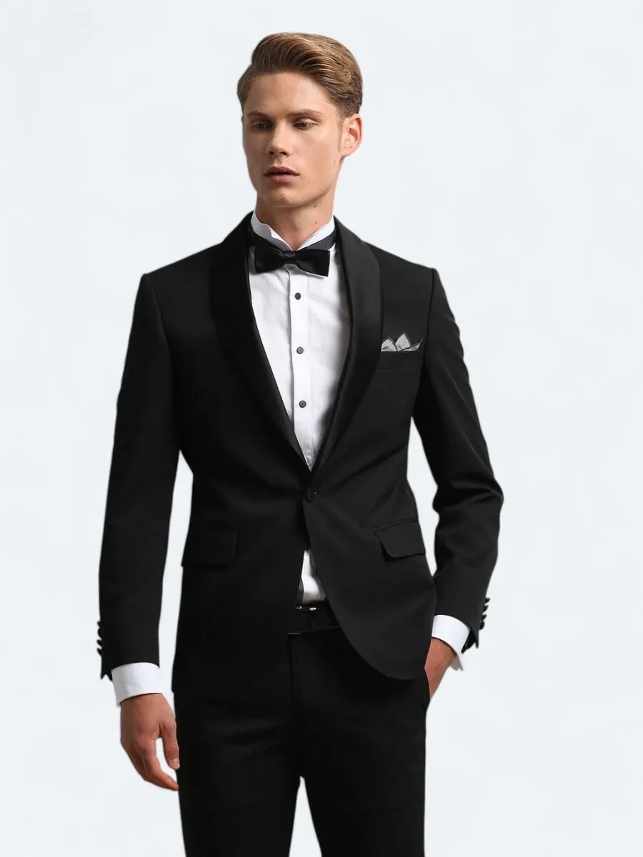 Black Slim Fit Removable Shawl Collar Weaving Tuxedo - 4
