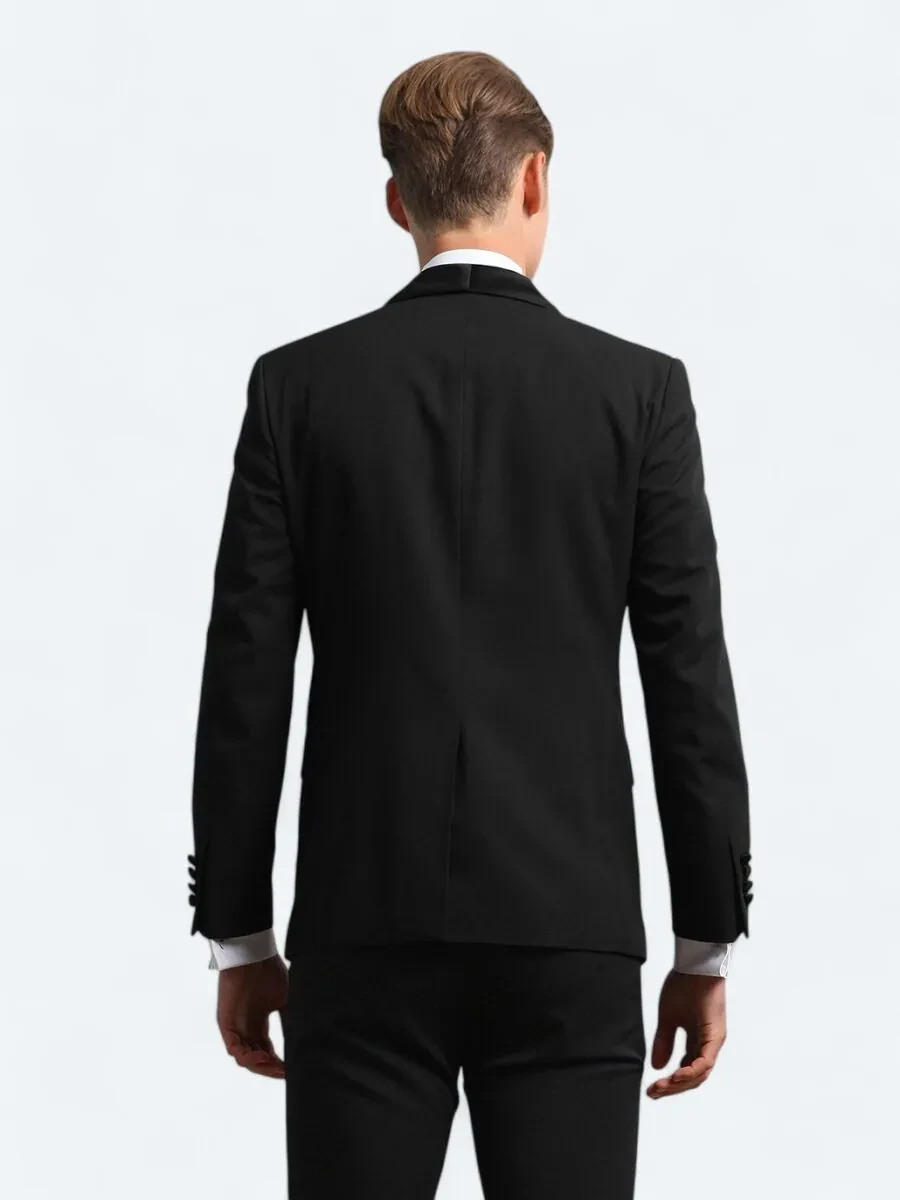 Black Slim Fit Removable Shawl Collar Weaving Tuxedo - 5