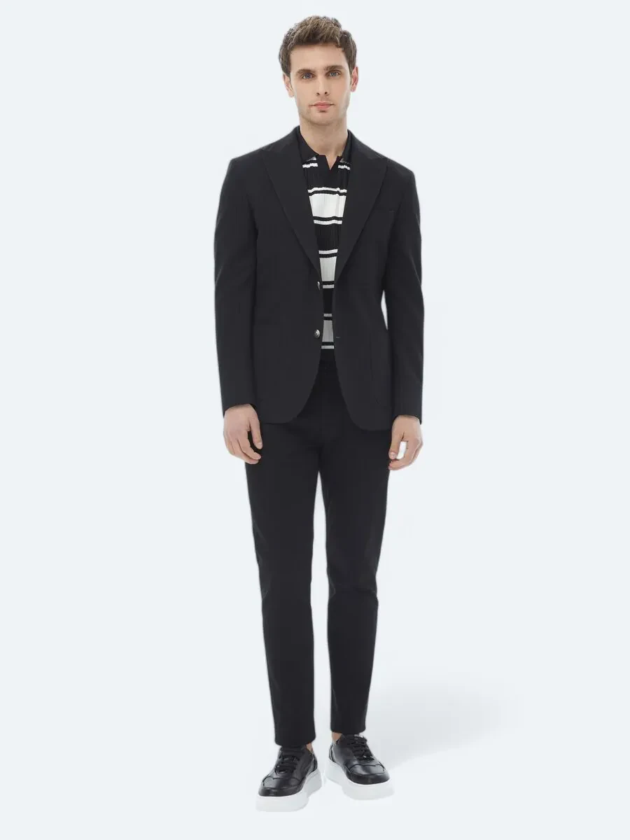 Black Striped Modern Fit Cotton Blended Jacket - 2
