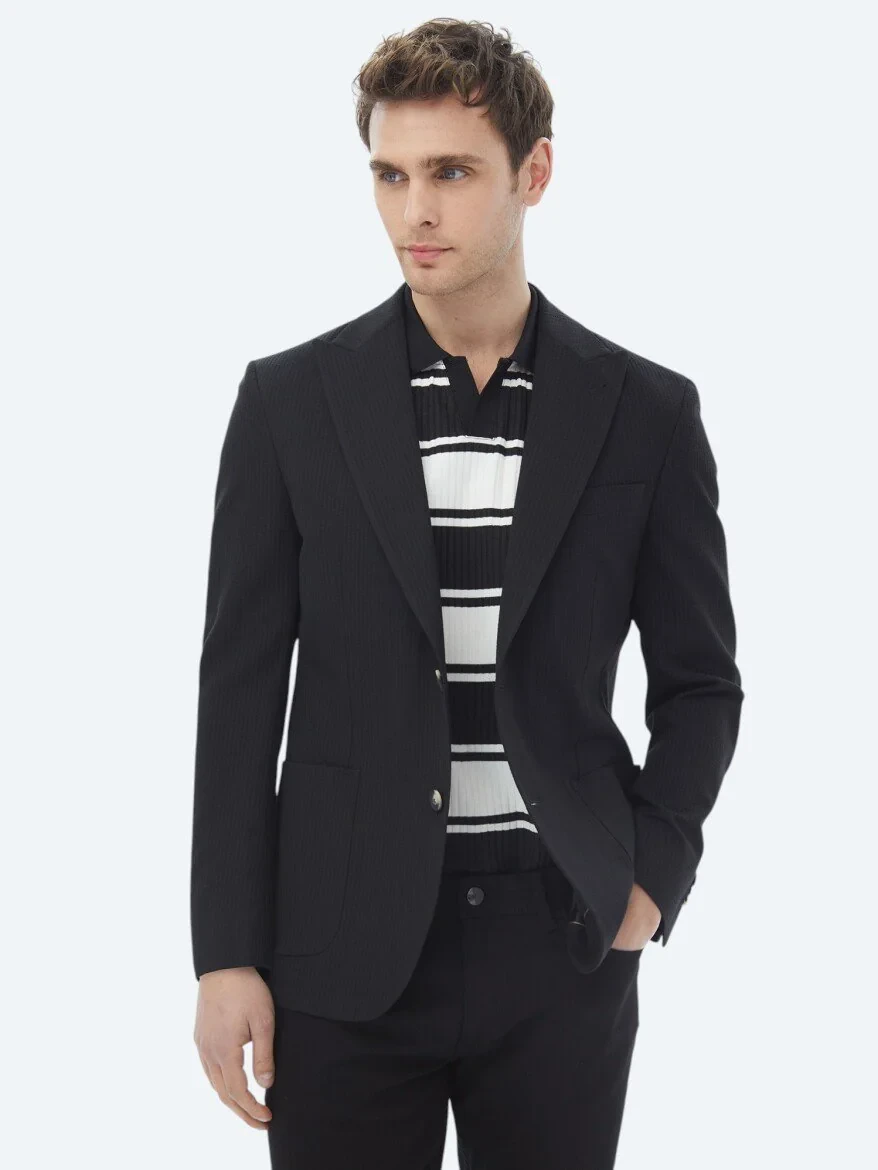 Black Striped Modern Fit Cotton Blended Jacket - 3