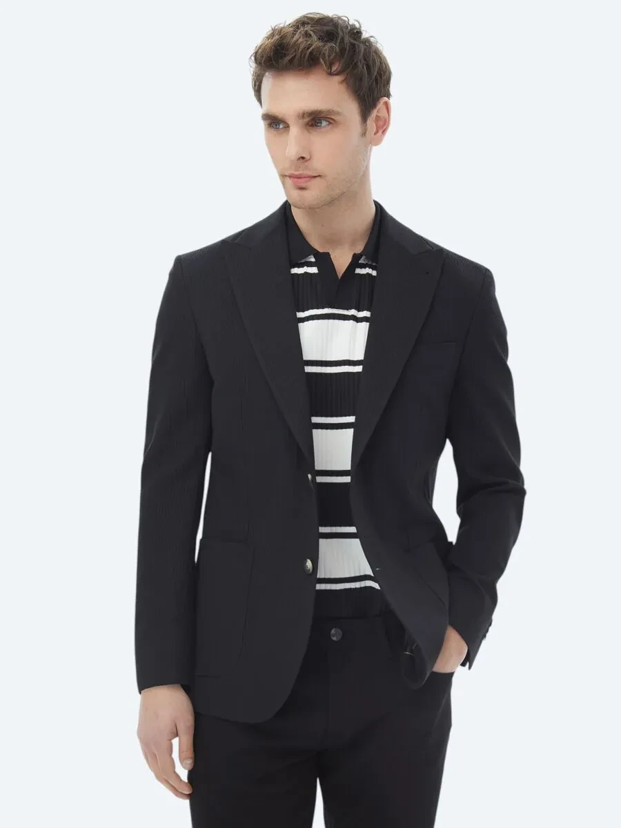 Black Striped Modern Fit Cotton Blended Jacket - 3
