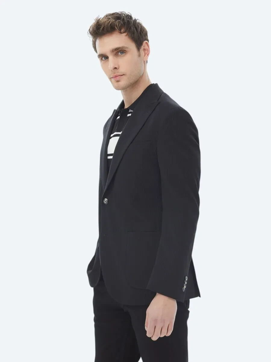 Black Striped Modern Fit Cotton Blended Jacket - 6