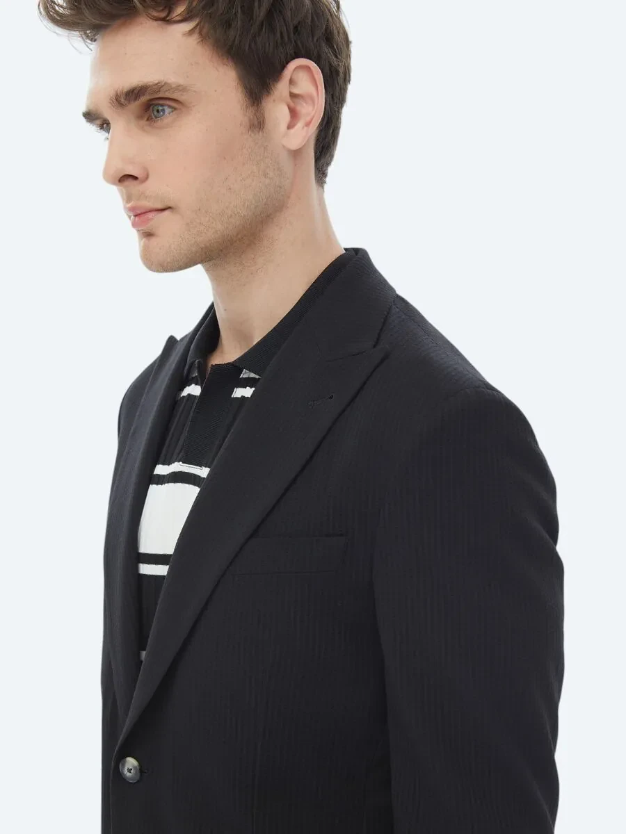 Black Striped Modern Fit Cotton Blended Jacket - 7