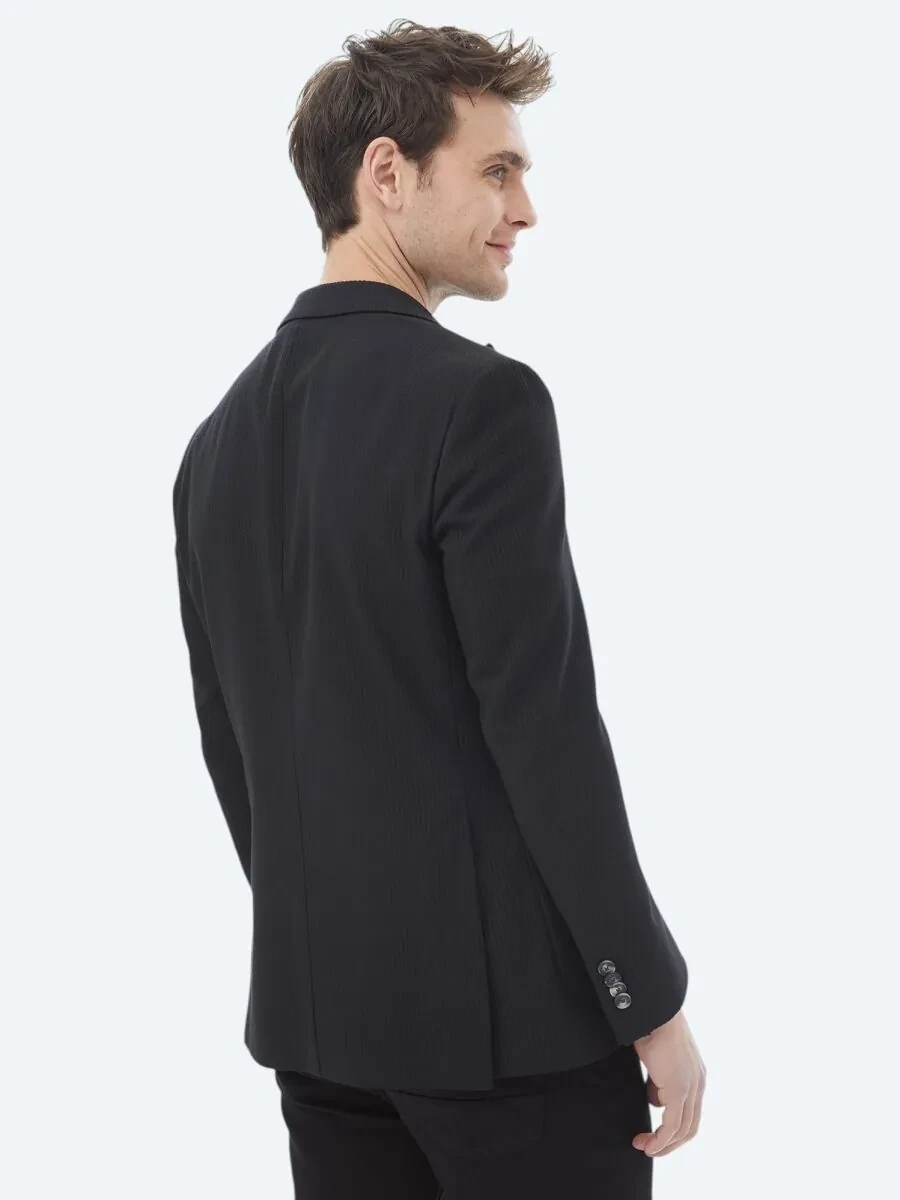 Black Striped Modern Fit Cotton Blended Jacket - 9