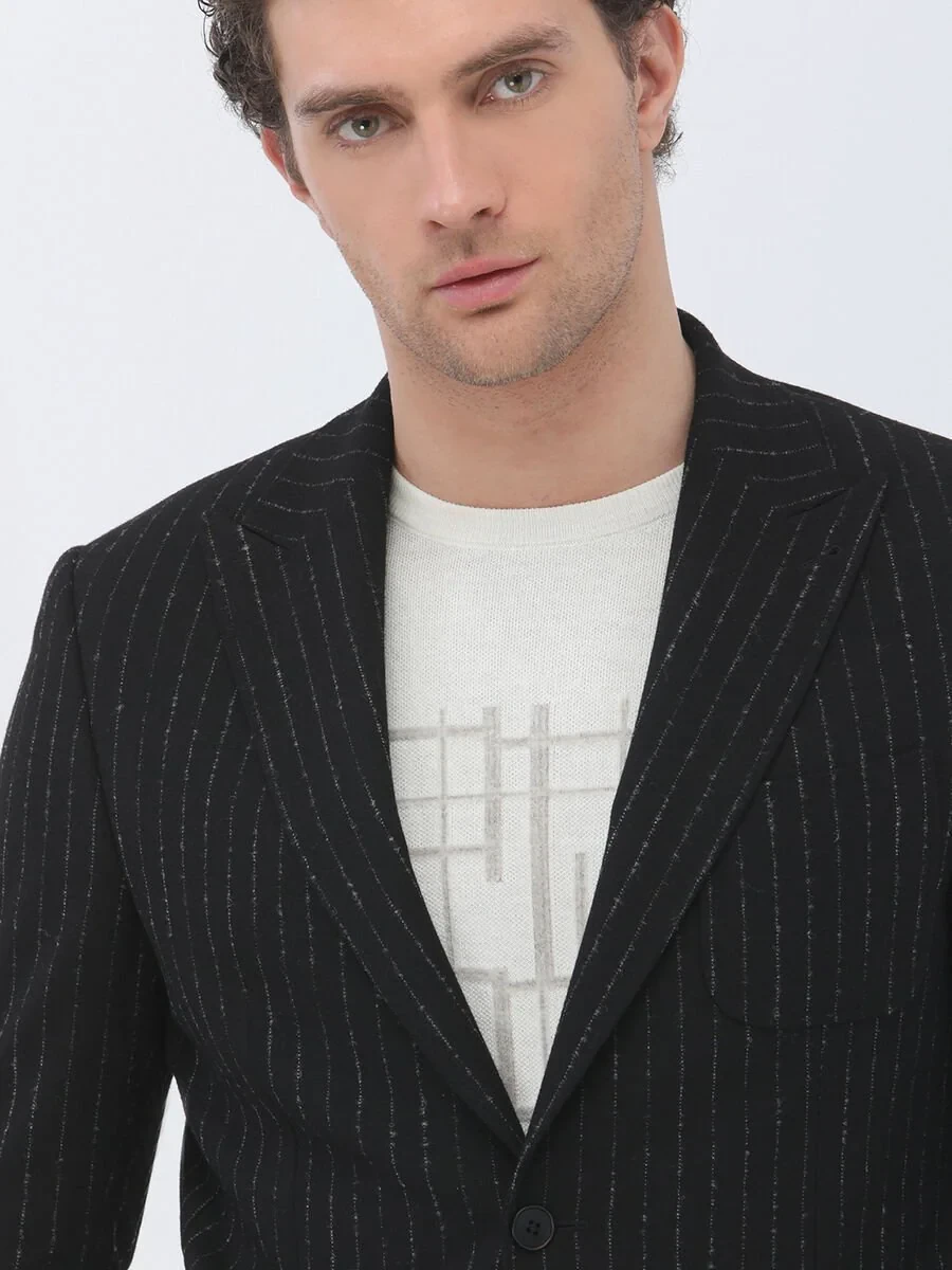 Black Striped Modern Fit Jacket - 4