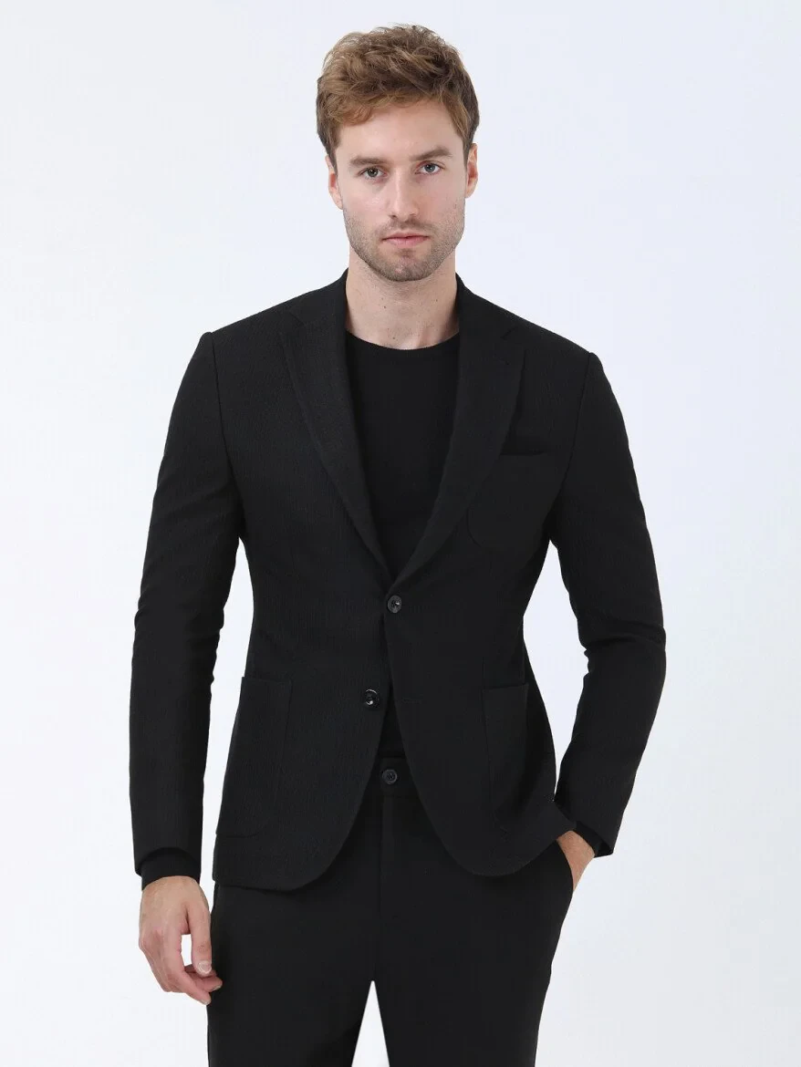 Black Striped Modern Fit Jacket - 1
