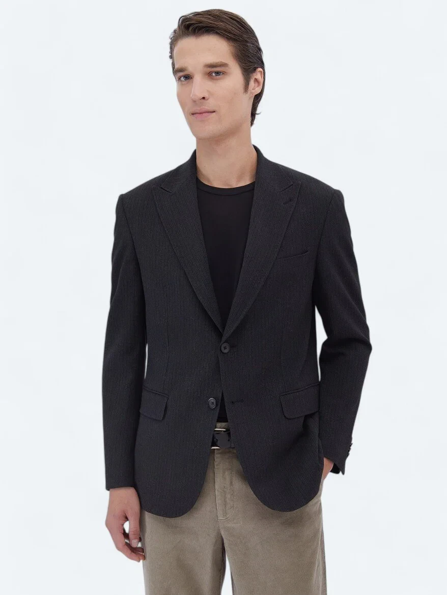 Black Striped Modern Fit Jacket - 1