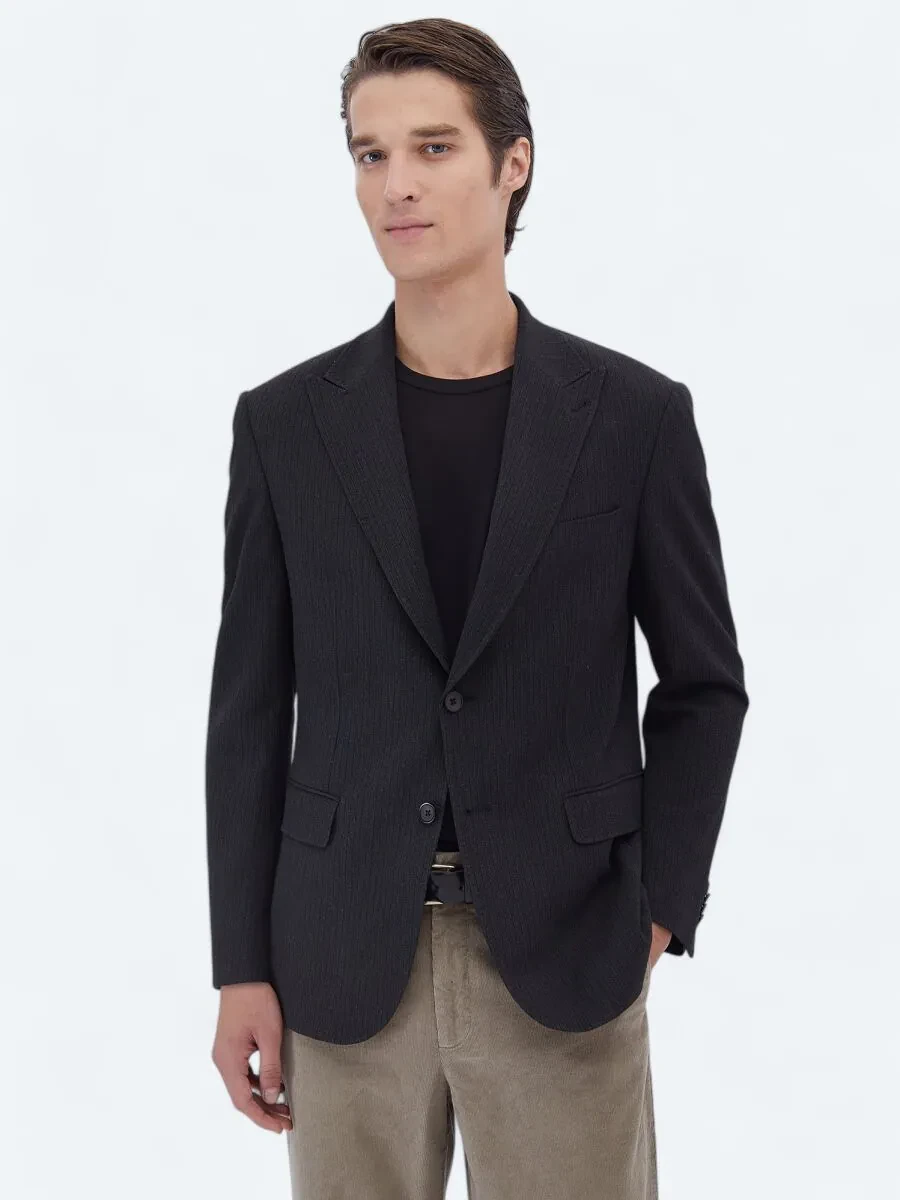 Black Striped Modern Fit Jacket - 1